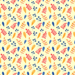 Cute colorful seamless pattern Autumn leaves and berries. Watercolor, hand drawn. Red, orange, yellow, blue colors. Good for kids fabric, textile, wrapping paper, wallpaper, prints