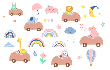 Abstract colorful baby doodles set. Design elements in form of animals for printing on fabrics. Stickers with animals on cars. Cartoon cute flat vector illustration isolated on white background