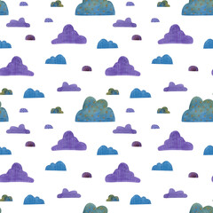 Cute colorful seamless pattern with night clouds. Watercolor, hand drawn. Blue violet colors, isolated on white background. Good for kids and baby fabric, textile, wrapping paper, wallpaper, prints