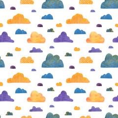 Cute colorful seamless pattern Night sky. Watercolor, hand drawn. Blue, orange, yellow colors, isolated on white background. Good for kids and baby fabric, textile, wrapping paper, wallpaper, prints