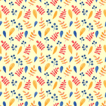 Cute colorful seamless pattern Autumn leaves and berries. Watercolor, hand drawn. Red, orange, yellow, blue colors. Good for kids fabric, textile, wrapping paper, wallpaper, prints