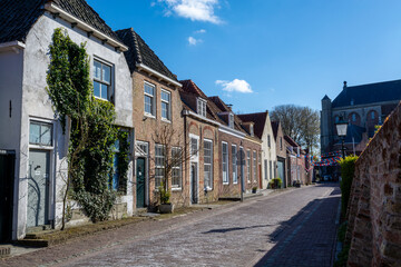 City view on old medieval houses in small historical town Veere in Netherlands, province Zeeland