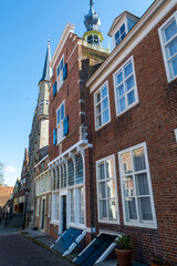 City view on old medieval houses in small historical town Veere in Netherlands, province Zeeland