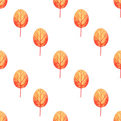 Cute colorful seamless pattern Orange tree. Watercolor, hand drawn. Red, orange, yellow colors, isolated on white background. Good for kids fabric, textile, wrapping paper, wallpaper, prints