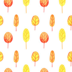 Cute colorful seamless pattern Yellow park. Watercolor, hand drawn. Red, orange, yellow colors, isolated on white background. Good for kids fabric, textile, wrapping paper, wallpaper, prints