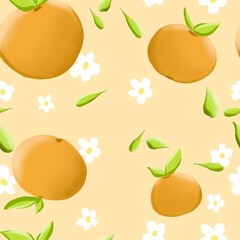 Oranges fruit and cute flowers seamless pattern, yellow, green, white on orange light background.