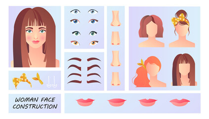 Woman face constructor concept. Avatar of female character creation heads, hairstyle, nose, eyes with eyebrows and lips. Elements for creating appearance isolated. Flat Vector modern illustration