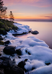 sunrise over the lake with ice covered stones 