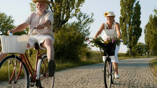 Cheerful elderly couple riding bicycles in nature