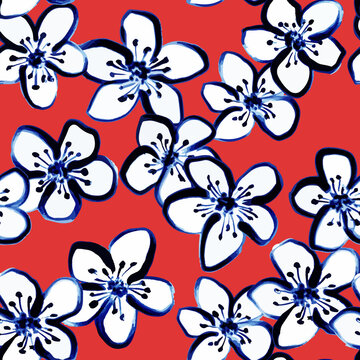 Hand drawn vector seamless red, white and blue floral pattern 