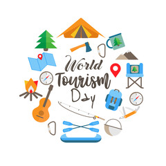 Naklejka premium Vector illustration of the World Tourism Day. Domestic tourism,internal tourism, ​hiking, camping, glamping, mountain holidays