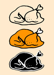 Vector set of fried orange-colored poultry for the holiday. a fried turkey or chicken drawn in the doodle style, an isolated silhouette and a black outline on a yellow background for a Thanksgiving da