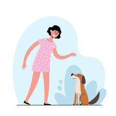 Vector illustration of woman owner training her dog