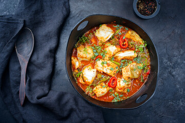 Modern style traditional Spanish seafood zarzuela de pescado with fish served in red sauce as top view in design pot