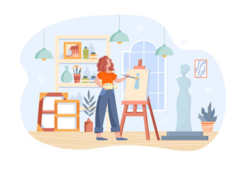 Artist creating picture concept. Woman drawing still life in her studio. Creative profession. Talented professional with brush and palette. Flat vector illustration isolated on a white background
