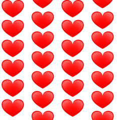 Geometric seamless pattern for textiles, decorative hearts, in vertical rows, red hearts on a white background. 