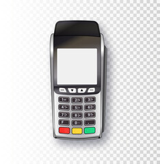 Payment machine. Vector Realistic Silver 3d Payment Machine. POS terminal with closing receipt isolated. Bank Payment Terminal