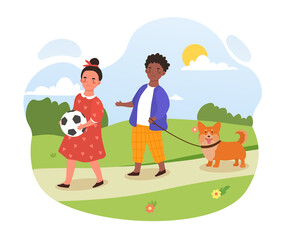Walk the dog concept. Children do housework. Boy and girl are walking in the park with their pet. Outdoor game. Little Helpers. Cartoon modern flat vector illustration isolated on a white background