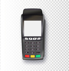 Payment machine. Vector Realistic Black 3d Payment Machine. POS terminal with closing receipt isolated. Bank Payment Terminal