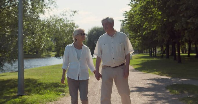 Slider shot of cheerful senior couple holding hands walking outdoors in park having romantic date