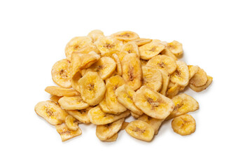 Banana chips isolated on a white background. Dehydrated banana.