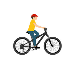 Teen kid boy cycling on bicycle wearing baseball cap. Flat style character vector illustration isolated on white background.