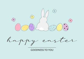 Vector  greeting card happy easter with easter egg and easter bunny.  Printable template. Happy easter. Blue background. Page A4	
