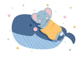 Elephant sleeps on whale. Gentle Print for children. Cute animals for printing on fabric and paper. Starry night and a sweet dream. Cartoon flat vector illustration isolated on a white background