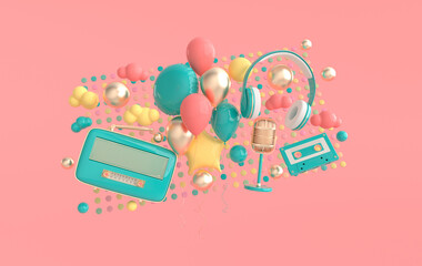 Vintage style headphones, radio receiver, casette, balloons and microphone. Pastel colors and golden details. Retro earphones, radio and mic realistic 3d render.
