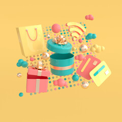 Shopping bag, present box, credit card, wifi symbol, clouds. Online shopping and delivery concept 3d render