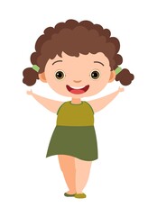 Child funny. Little girl. In green clothes. Kid jumps for joy. Charming active cute character. Cute kid. Face wobble smile. Cartoon style. Isolated on white background. Vector