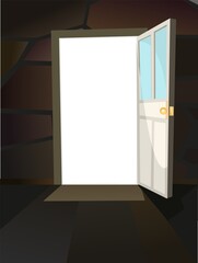 Opened door. Simple and flat style. Inside view from dark room of house. stone wall. Open. Cartoon cute fairy tale design. Image background. Vector