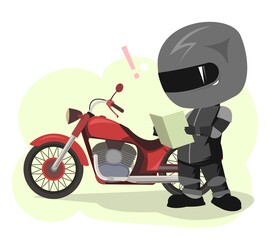 Biker cartoon. Child illustration. Navigation. Sports uniform and helmet. Cool motorcycle. Chopper bike. Funny motorcyclist. Isolated on white background. Vector