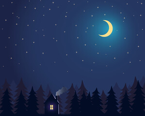 House and tree and night sky with stars and moon