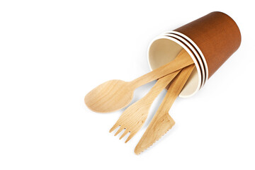 Eco wooden tableware on white