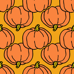 Vector seamless pattern of orange pumpkins. a pattern of a whole pumpkin hand-drawn in the doodle style, red-orange in color, is often located on an orange background in different directions of the au