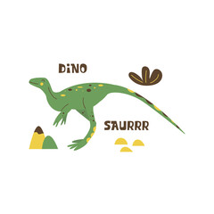 Dinosaur Gallimimus. Large omnivorous animal, extinct ancient reptile, Jurassic period. Print. Colorful vector isolated illustration hand drawn. White background. Green cute dino