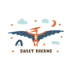 Pterosaur. Flying archosaurus pterodactyl, extinct ancient winged lizard, Jurassic period. Mesozoic era. Sweet dreams print, night sky with stars. Colorful vector isolated illustration hand drawn © Ольга Е