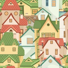 Fototapeta na wymiar The town is small. Street. Seamless illustration with cartoon village or city houses. Day. Nice cozy private residence in traditional style. Background. Nice funny home. Vector