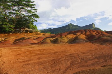 Panoramic stunning view to Seven Coloured Earths of Chamarel, formatted due volcanic activity Black River Gorges National Park, Mauritius,Africa.The Seven Colored Sand Dunes, amazing ecosystem.