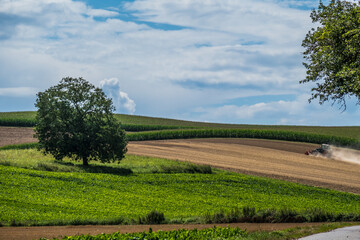 Traktor in einer Staubwolke auf dem Feld