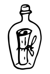 A vector bottle with a message inside. a hand-drawn doodle-style glass bottle with a cork, with a scroll inside, an isolated black outline on a white background. a symbol of shipwreck and a request fo