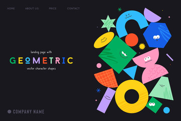 Vector landing page with character geometric figures on black background. Cute cartoon characters, colorful various figures with textures. Poster design template.