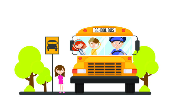 Children ride a school bus with a driver. Vector illustration isolated. Back to school 