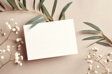 Wedding invitation card mockup with natural eucalyptus and white gypsophila twigs. Blank card...