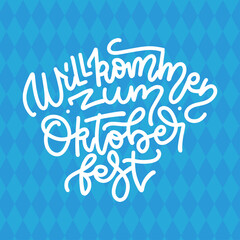 Willkommen zum Oktoberfest - linear lettering quote. German language translation - Welcome to Oktoberfest. MonoLine handwritten typography on blue rhombus background.