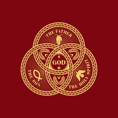 Christian illustration. The magnificent seal of the Holy Trinity: God the Father, God the Son and God the Holy Spirit. Indication of the symbols of the eternity of God - alpha and omega.