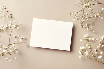 Wedding invitation or greeting card mockup with gypsophila plant twigs