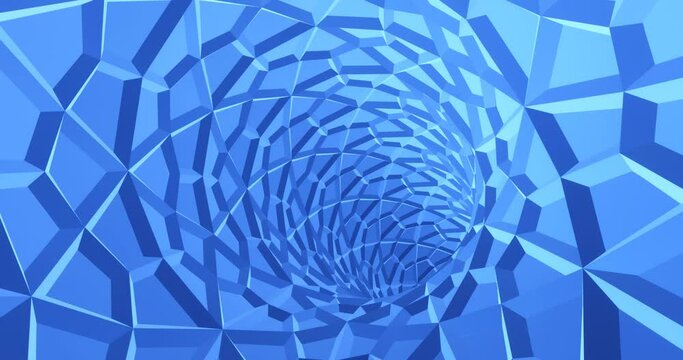 Blue tunnel funnel with crystal pattern. Abstract wormhole in 3d render digital twirl. Futuristic subspace acceleration portal. Curved geometric warp jump hole