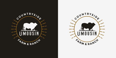 vintage badge limousin cow logo design for farm and ranch